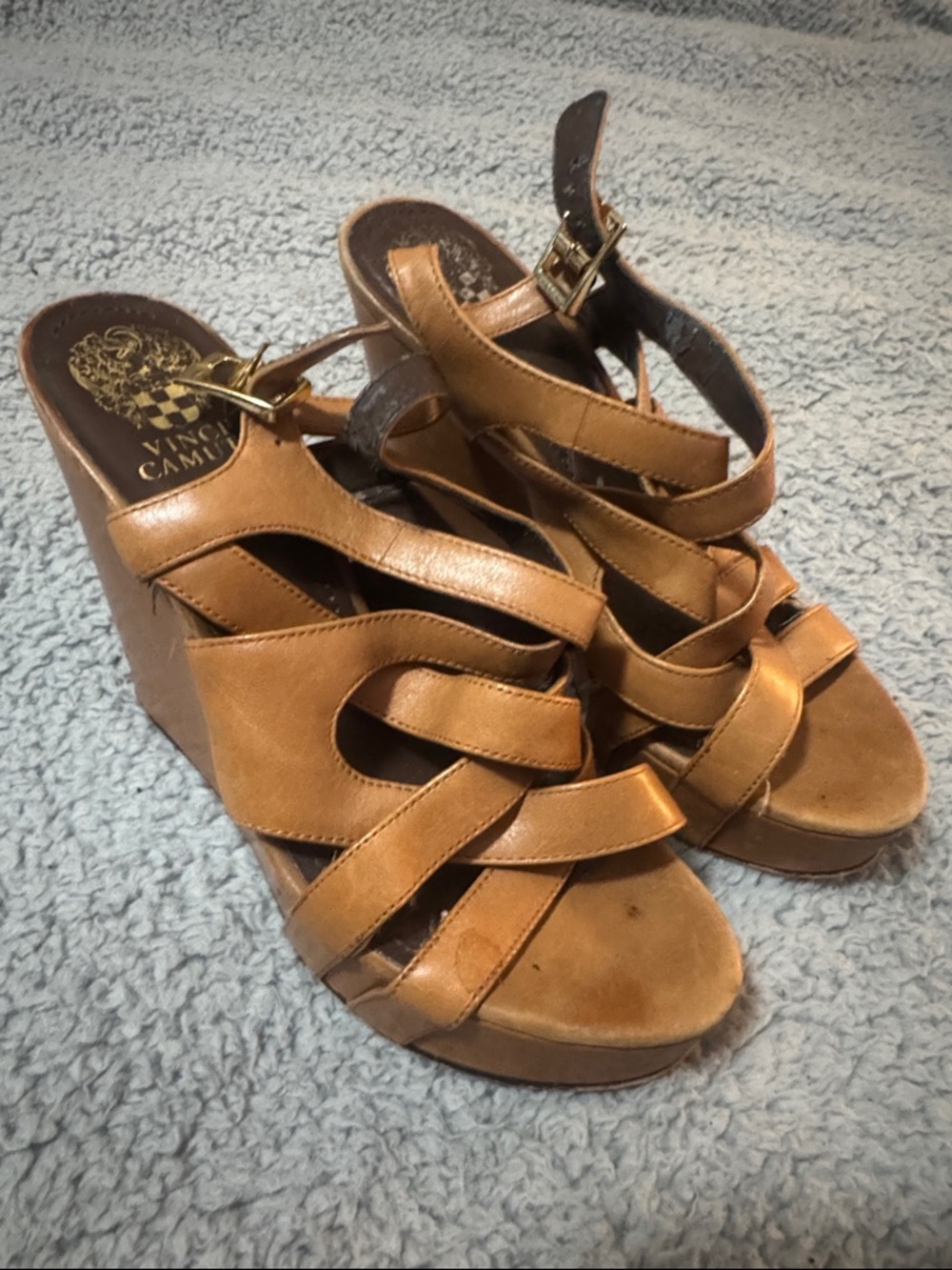 Vince Camuto Cognac Leather Strappy Wedge Sandals